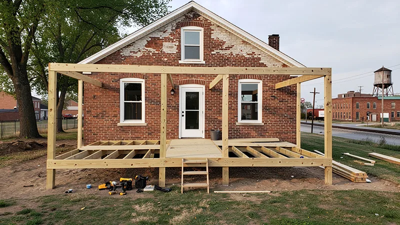 Deck construction in progress on a residential property in Blue Springs, MO