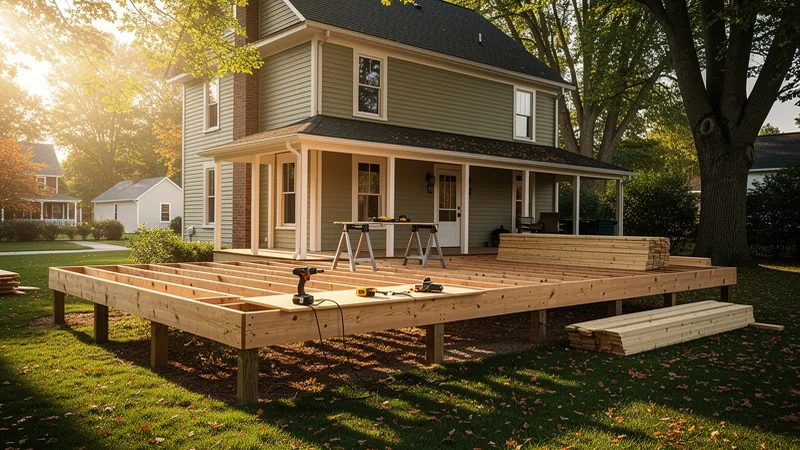 New deck under construction in a residential backyard near historic Independence, MO
